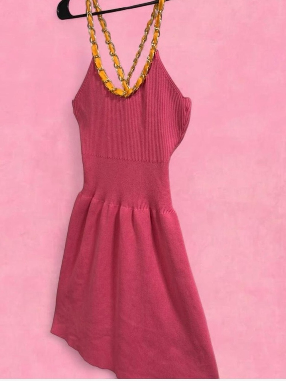 Zara Pink Sleeveless Knitted A-Line Mini Dress with orange and gold chain Trim - Picture 4 of 7